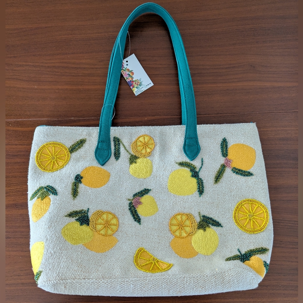 A&B Express Kit Beaded Embellished Embroidered Lemon Cotton Canvas Tote Bag